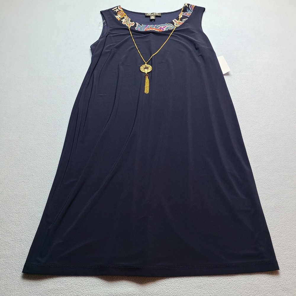RM Richards Shift Dress Womens 14 Navy Paisley Neckline Tassel Necklace